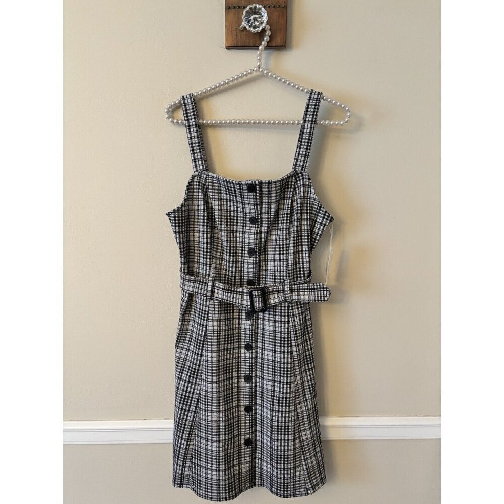 NWT SO Juniors Size L Black White Plaid Jumper Dress Belted Sleeveless Buttons
